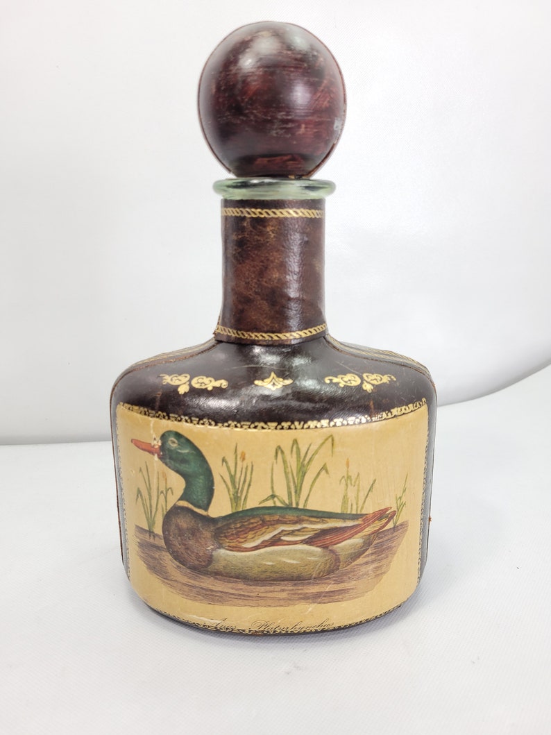 Vintage Leather Wrapped Bottle Italian Decanter Made In Italy Duck Round Corked shops Topper Barware Bar accessories Whiskey Liquor