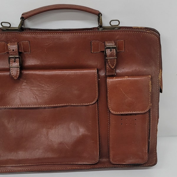 Vintage Italian Leather Satchel Briefcase Bag Mid Century Distressed Laptop 1st cell phone pocket