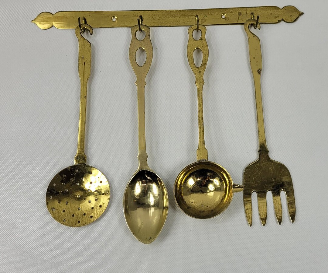 Vintage Brass Cooking Utensils Wall Hanging Fork Spoons Ladle Etsy