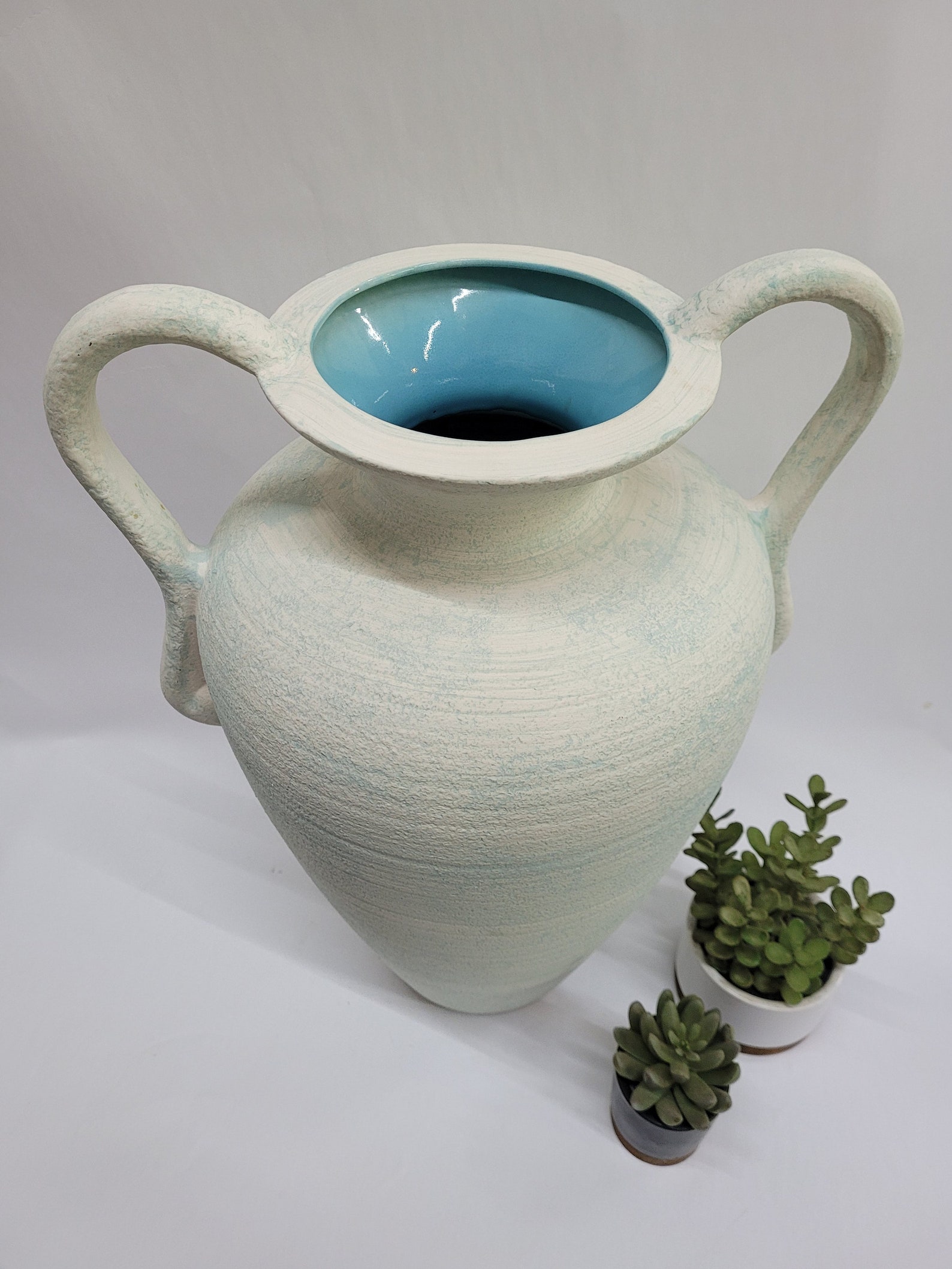 Vintage Haeger Pottery Jug Handle Vase White Aqua Blue or Etsy