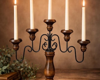 Vintage Wrought Iron Wood Candelabra 5 Arm Gothic Castlecore Mantel Decor Medieval Table Centerpiece