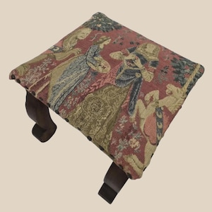 Vintage Medieval Tapestry Footstool 1940s Jacobean Revival Wooden Foot Rest with Brass Tack Upholstery, Rustic Farmhouse Décor