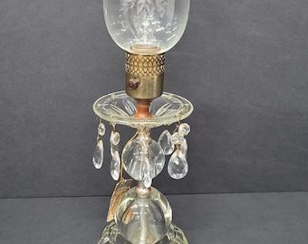 Vintage Crystal Hurricane Lamp with Prisms, Victorian Vanity Accent Light