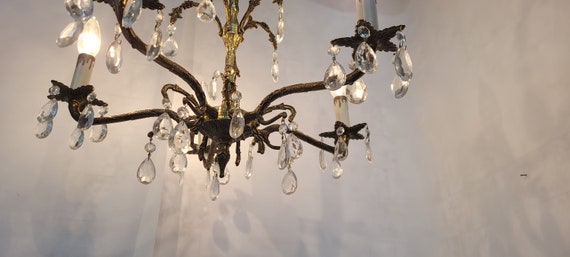 Vintage French Mid Century Brass Crystal Prisms Chandelier 5 Arm Light  Hanging 