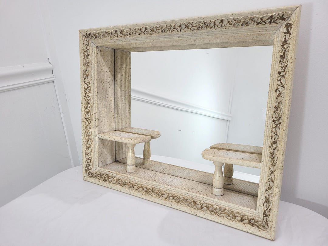 Vintage 1930s Wood Wall Shelf Mirror Petite Shadow Box Display, Cream ...