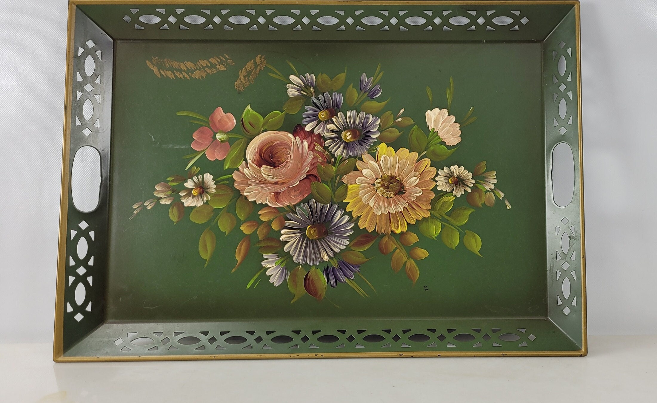 Victorian Antique 1860 Hand Painted Tin Toleware Tray