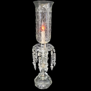 Vintage Crystal Hurricane Lamp Glass Prisms Candle Stick Table Light Victorian Vanity Dresser Shabby Chic