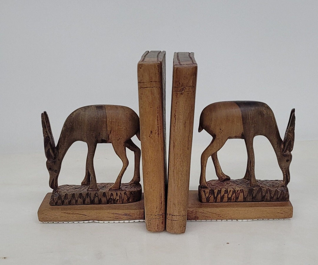 Paire De Statues Gazelle/antilope En Laiton Sur Bois - Fait Main En Inde - Dimensions Incluses