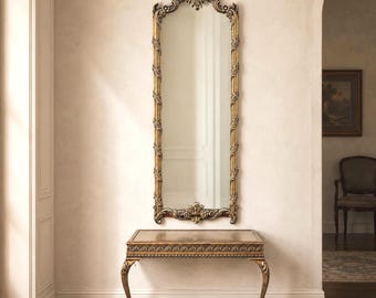 1960s Large Wall Mirror & Console Shelf Turner Gold Bronze Finish 57"