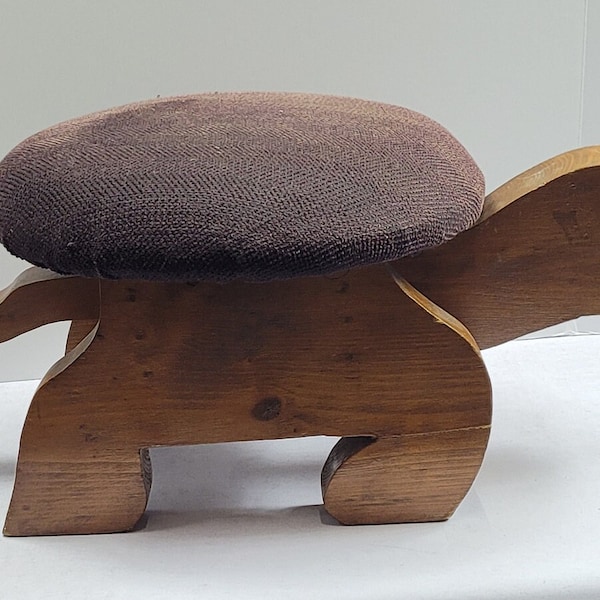 Mid Century Turtle Shape Stool Wood & Cloth Vintage Footstool Folk Art 1970's