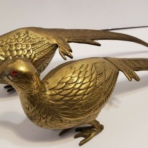 Pair Vintage Solid Brass Pheasants Statue Sculpture Mid Century Jewels Eyes Art Love Birds BOHO shops Chic