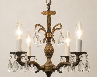 1960s Petite Brass Pineapple Chandelier Crystal Prisms 4 Light Rewired 12" adjust chain
