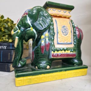 Vintage Chinoiserie Ceramic Elephant Planter Candle Holder, Green Glazed Pottery, Hollywood Regency Grandmillennial Decor