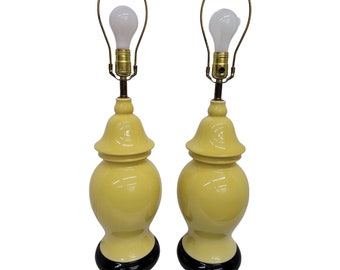 1980 Pair Chinoiserie Table Lamps Ceramic Yellow Black Bedside Hollywood Regency Decor