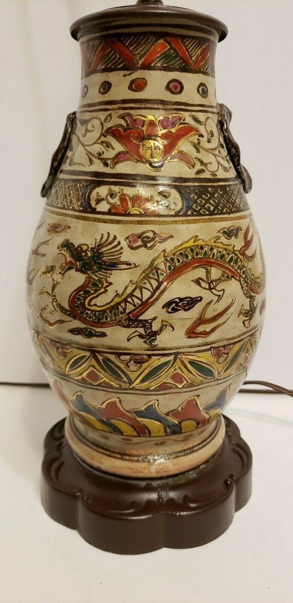 Vintage Asian Table Lamp Oriental Metal Pottery Dragon Motif Hand Painted Light