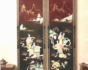 1960 Chinoiserie Wall Panels Set, Black Burgundy Lacquer Mother of Pearl Asian Wall Art