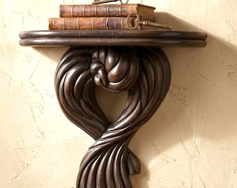 1970s Italian Wood Wall Sconce Shelf Dark Sculptural Scroll Old World Galley Display