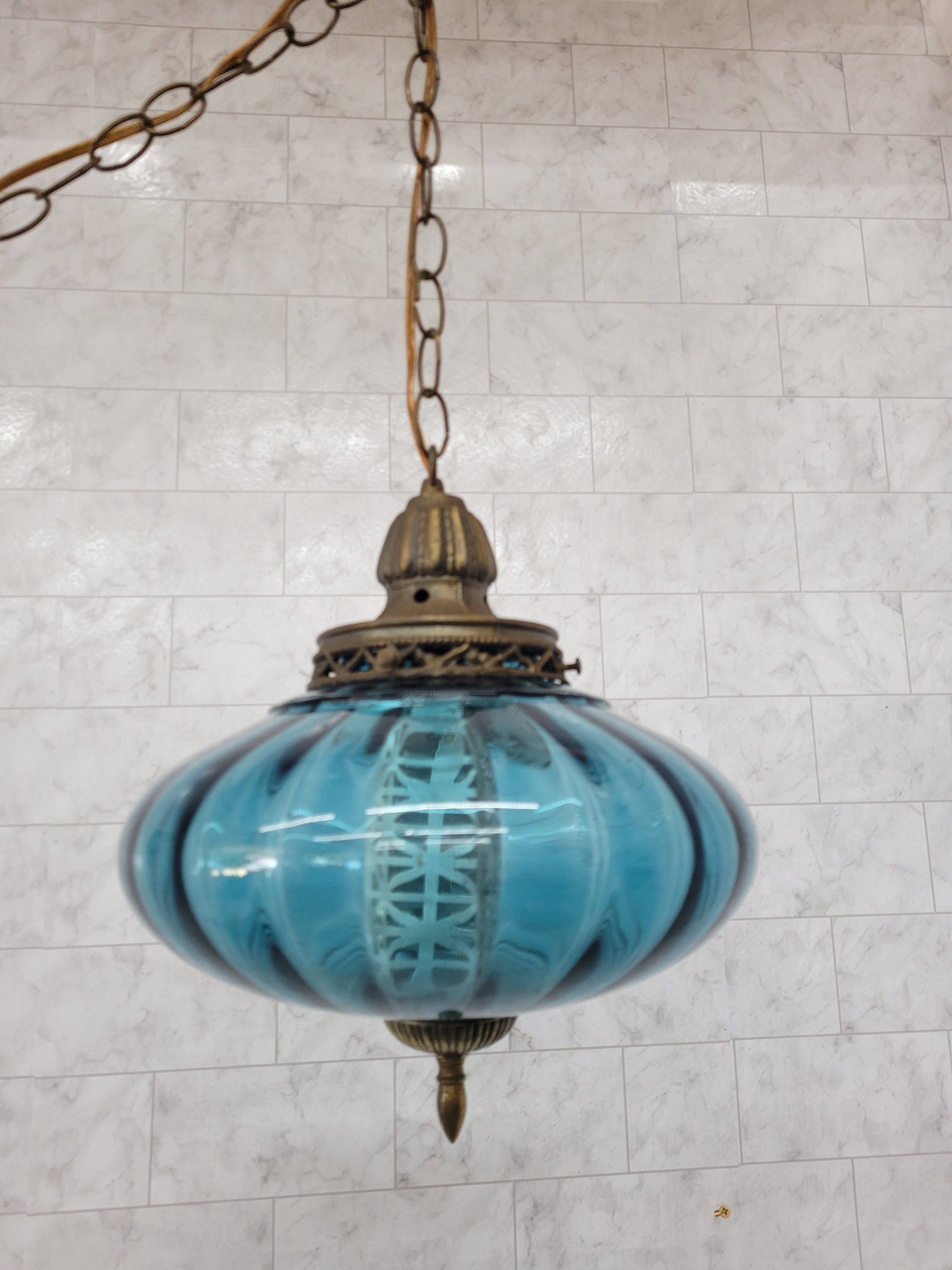 Vintage Blue Swag Lamp Flying Saucer Shaped Glass Hanging Light