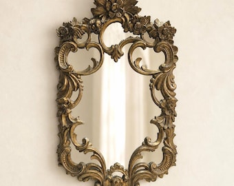 Late 20th Century Italian Wall Mirror Euromarchi Gold Floral Rococo Decor 23" Petite Ornate