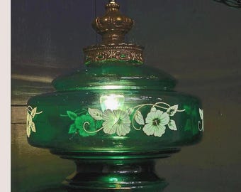 Emerald Green Glass Swag Lamp, Floral Painted Shade, Newly Rewired Plug Into Wall