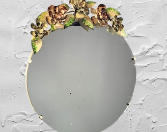 Vintage 1950s Italian Tole Floral Wall Mirror Hand Painted Metal Roses Round Chateaucore Style