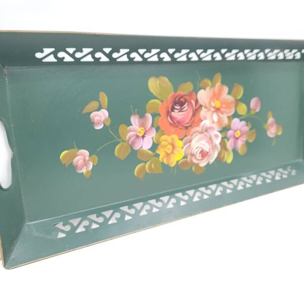 Vintage Tole Tray Oblong dark teal floral Serving Tray Metal Art Vanity Tolewear flowers Hand Painted