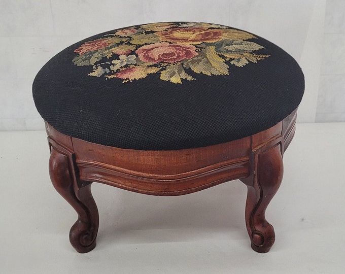 Vintage Black Footstool Round Needlepoint Floral Roses Foot Rest Wood ...