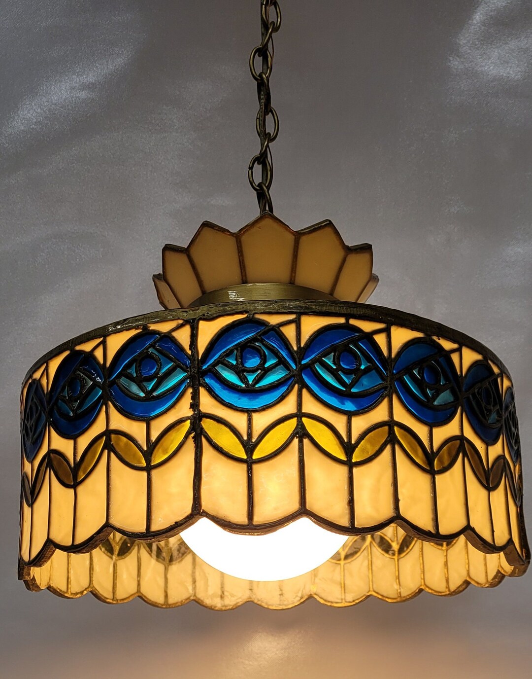 Vintage Hanging Swag Lamp Stained Art Glass Tiffany Style Etsy