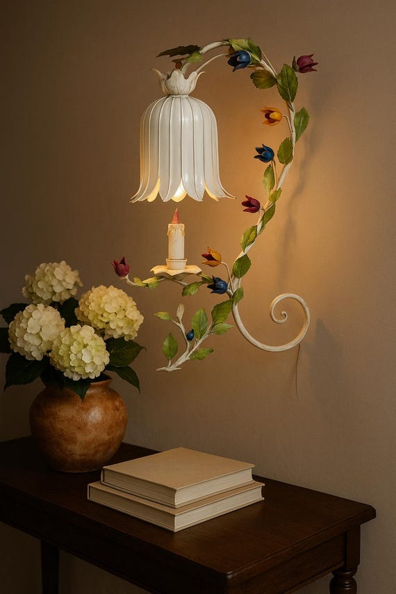 Vintage Floral Table Lamp Hand Painted, Italian Tulip Shade Tole