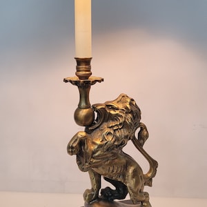 Vintage French Bouillotte Brass Lion Candelabra Candlestick Lamp Black Shade