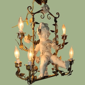 Vintage Rococo Revival Chandelier Porcelain Cherub Capodimonte Style Gilt Tole Light, 36” Italian/French Hollywood Regency Lighting