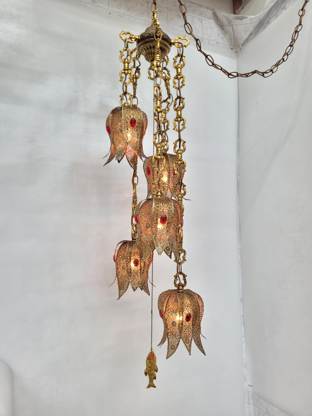 Ornate Gold Filigree & Crystal Hollywood Regency Swag Lamp