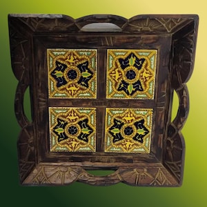 Vintage Decorative Tray Wood Talavera Tile Style Hand-Carved Rustic Mediterranean Folk Art 15&quot;x15&quot;