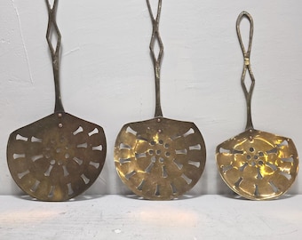 Set of 3 Vintage Brass Skimmers, Pierced French Country Kitchen Decor