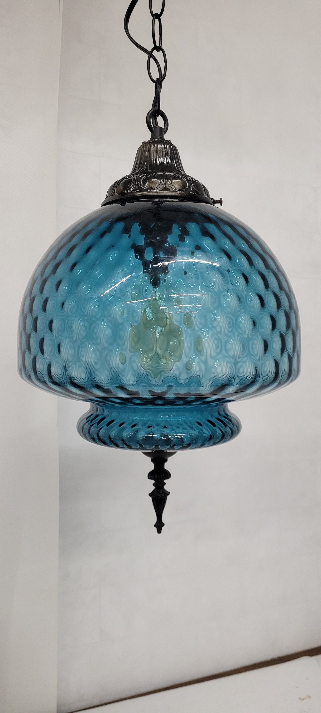 Vintage blue swag lamp tear drop shaped art glass hanging light plug in wall