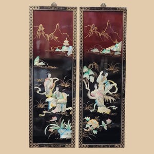 Vintage Asian Wall Hanging Panels Pair Mother-of-Pearl Inlay Black Lacquer 36&quot; Art Court Ladies Handcrafted Oriental Decor