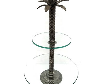 Vintage 2 Tier Silver Serving Tray Table Top Tower Clear Glass Palm Tree Center Post Modern