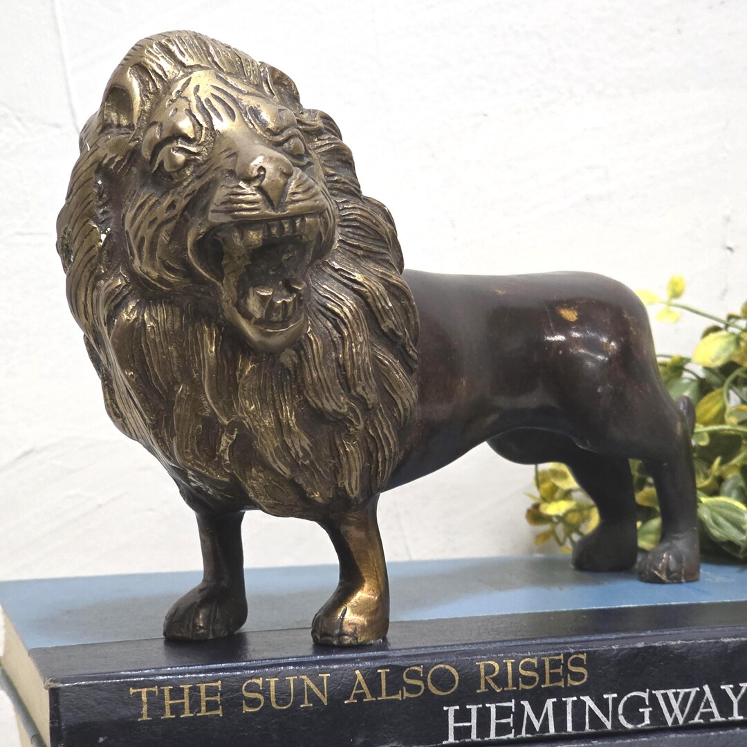 1980 Brass Lion Figurine, Safari Decor Hollywood Regency Mantel Accent ...