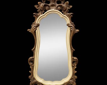 51" French Rococo Revival Wall Mirror, Bronze Ivory Carved Frame, Dark Academia Vintage