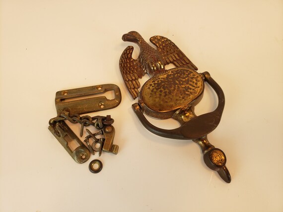 Vintage Brass Eagle Door Knocker Plus Antique Hardware Chain Slide Lock