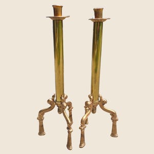 Antique Brass Candle Holders Floor Standing Pair 34&quot; Tripod French Empire torcheres candlesticks gilt cast bronze Louis XVI Neoclassical Art