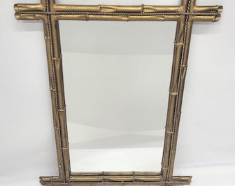 Vintage Brutalist Metal Bamboo Mirror Raw Sculptural Wall Mirror, 28.5” x 21” Primitive Modern Industrial Frame, Unfinished Ends