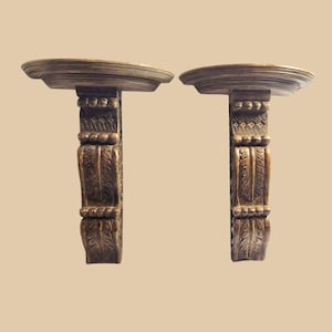 Vintage Wood Wall Shelves Pair Sconces Hand carved Corbel Display for Home Decor