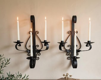 1960 Heavy Iron Wall Sconce Candle Holders 20" Pair 3-Arm Candelabra Gothic, Spanish Revival Decor