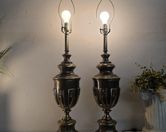 Stiffel Brass Urn Table Lamps Pair, 1960s Hollywood Regency, Solid Brass Trophy Style