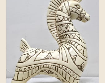 Studio Ceramic Horse Sculpture, Sgraffito Incised Geometric Decor, Signed 1967