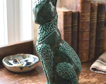 Vintage Italian Cat Art Pottery Statue Green Ceramic Bastet Egyptian Sphinx Italy 9286