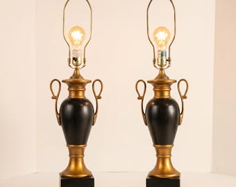 Neoclassical Black Gold Gilt Table Lamps Pair Hollywood Regency Urn Trophy Style
