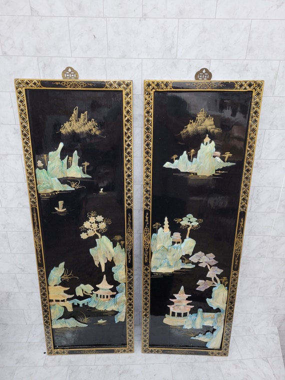 Vintage Pair Oriental Wall Art Hanging Asian Decor Wood Frame 