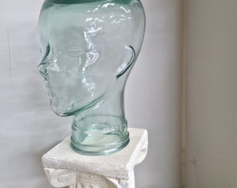 Vintage Aqua Glass Mannequin Head Sculpture, Heavy Molded Bust, Cloche Decor